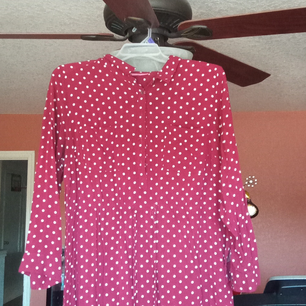 Maroon polka dot shirt dress. Tie around waist